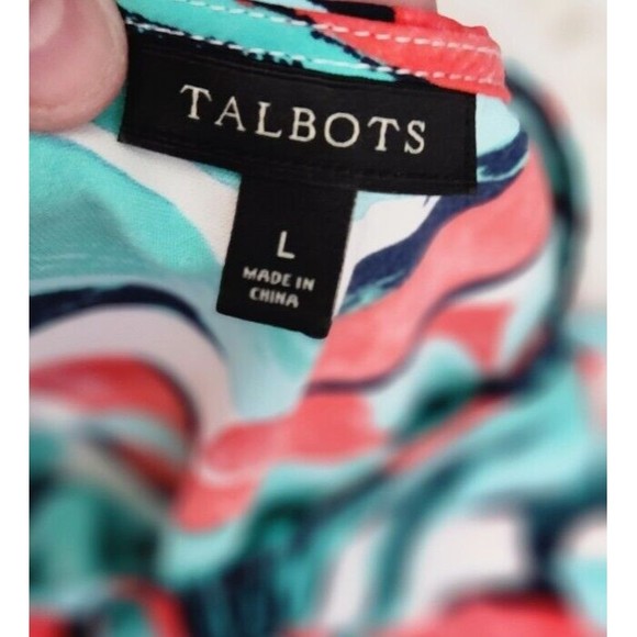 TALBOTS Sz L Red Green Black White Tropical Print 3/4 Sleeve Blouse Tunic Cruise - Picture 8 of 10